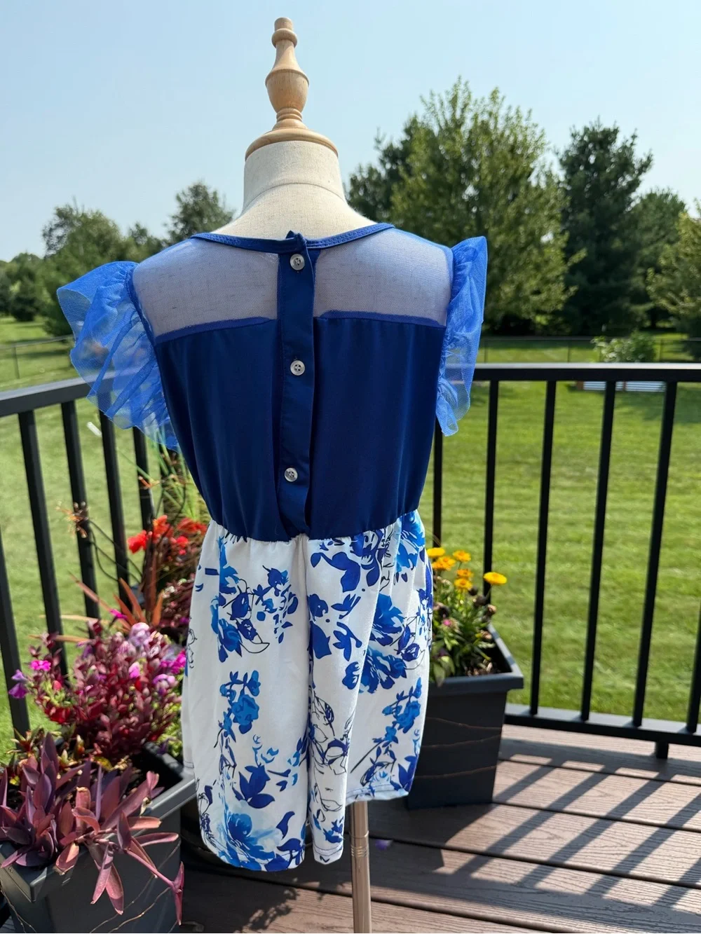 Girls Blue Floral Romper Size 9Y Sheer Ruffle Sleeve Summer Outfit